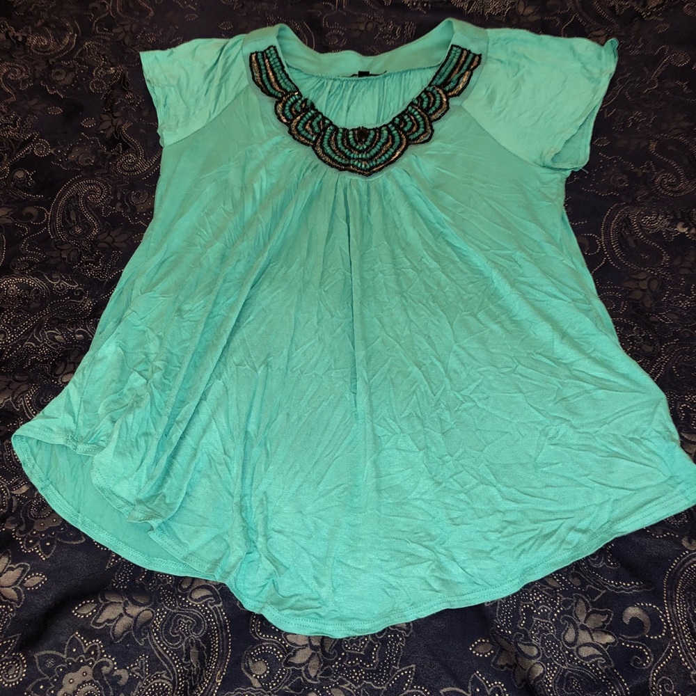 Green Beaded Neck Top Sz M
